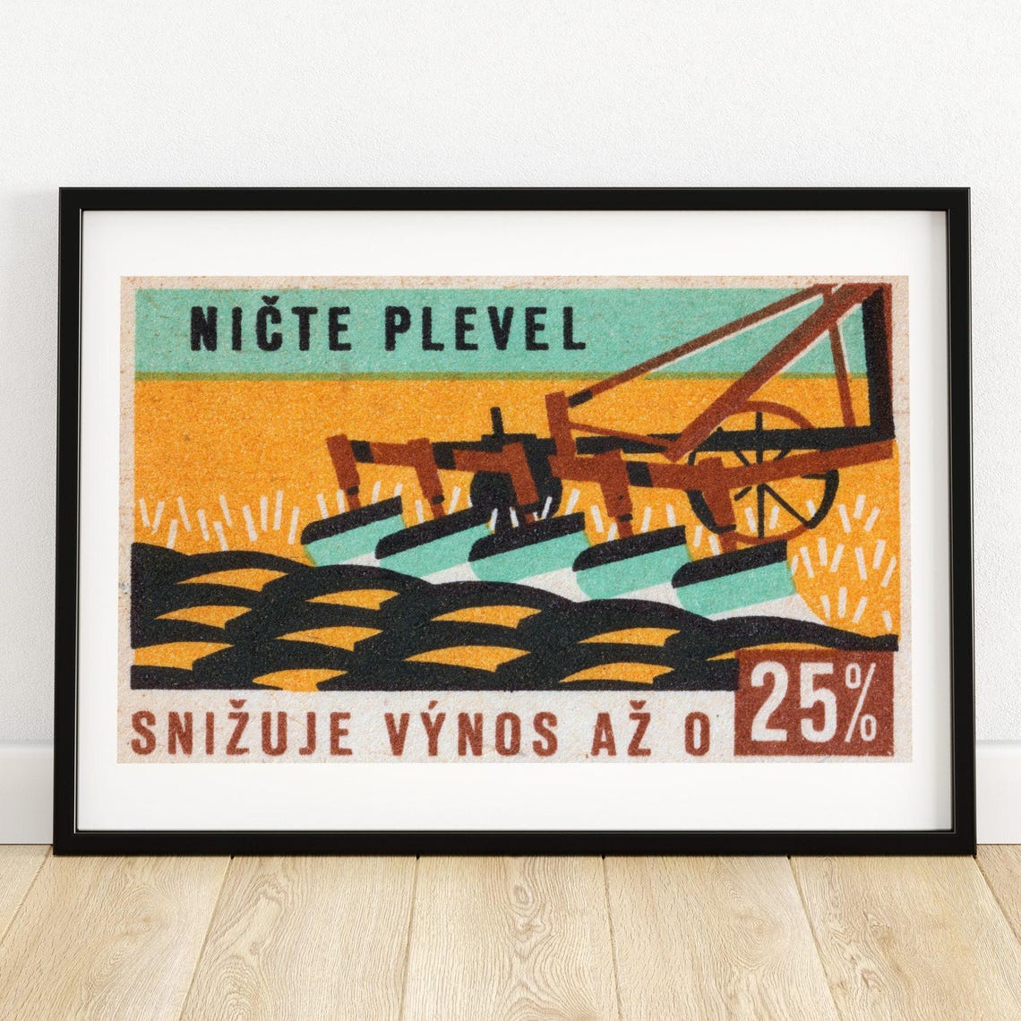 Destroy Weeds Bold Plow Orange Field Vintage Czech Farm Message Poster