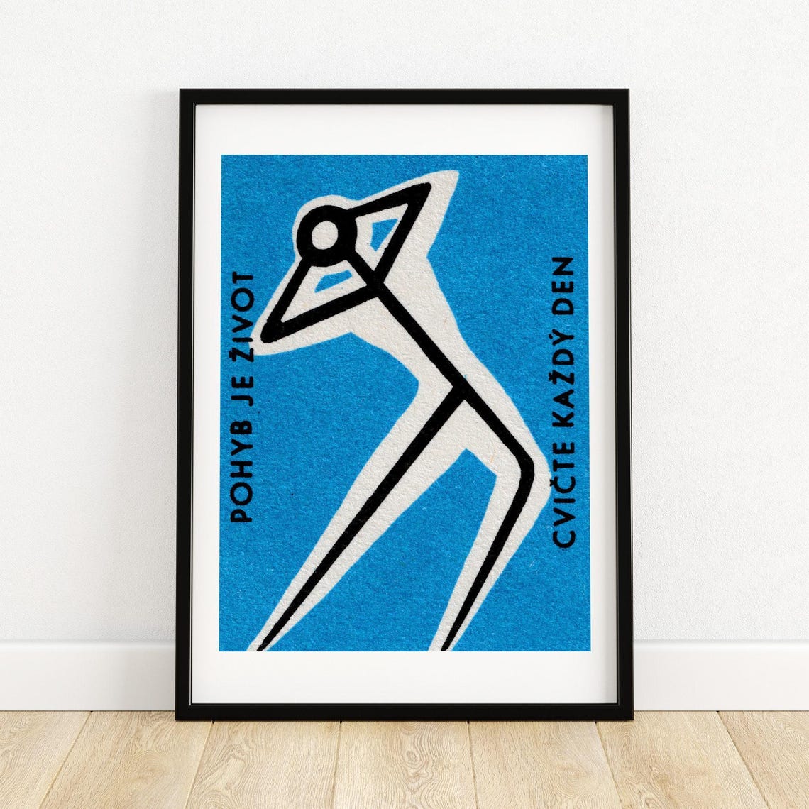 Blue Czech Exercise Fitness Stick Figure Matchbox Label Poster