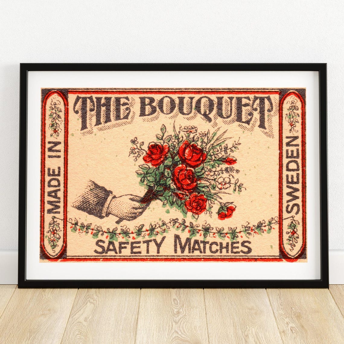 The Bouquet Safety Matches Vintage Swedish Rose Matchbox Label Poster