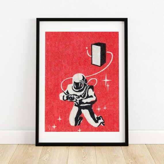 Astronaut With Camera Vintage Matchbox Art Space Retro Red Background Poster