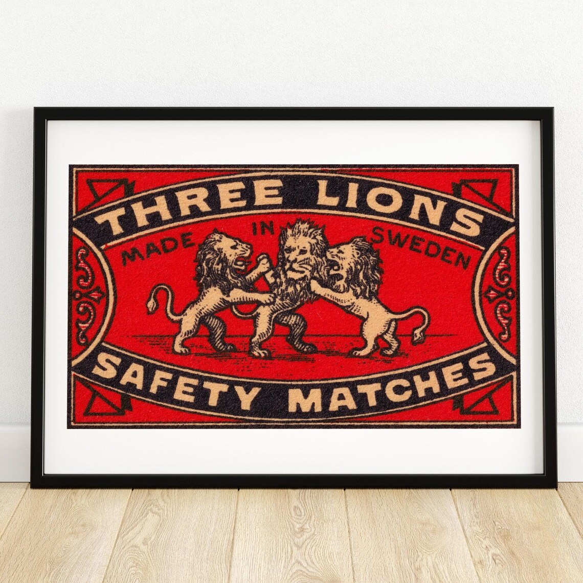 Three Lions Matchbox Print, Vintage Sweden Poster