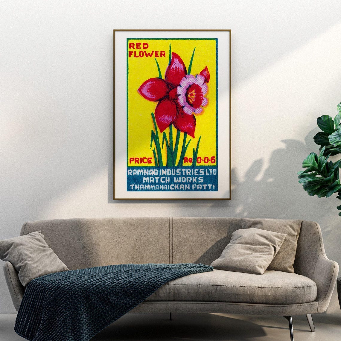 Red Flower Gladiolus Bloom Yellow Ground Vintage India Match Poster - Image 3