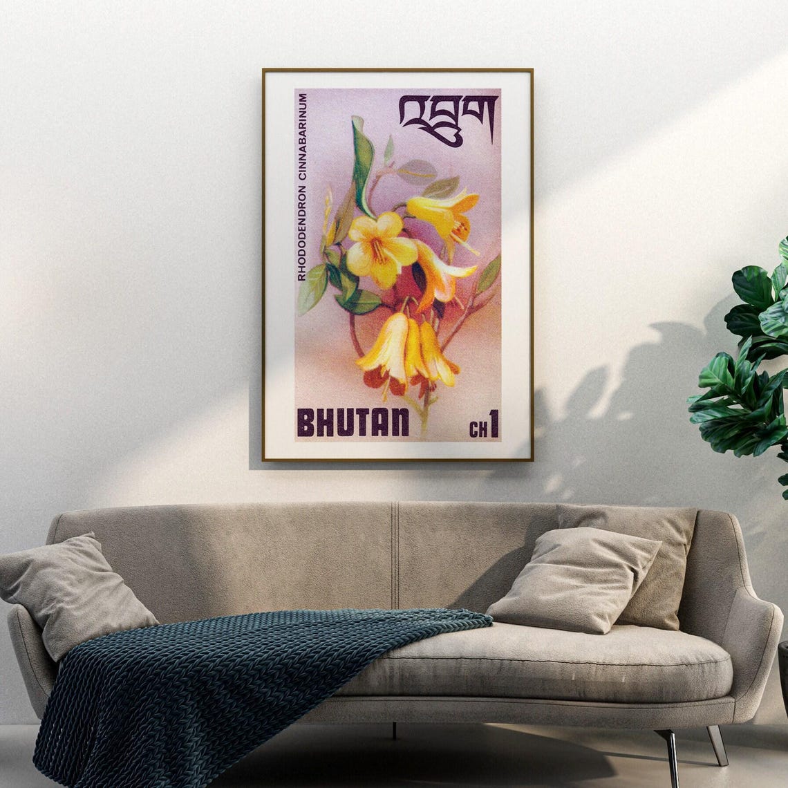 Bhutan Yellow Rhododendron Cinnabarinum Vintage Botanical Stamp Poster - Image 3