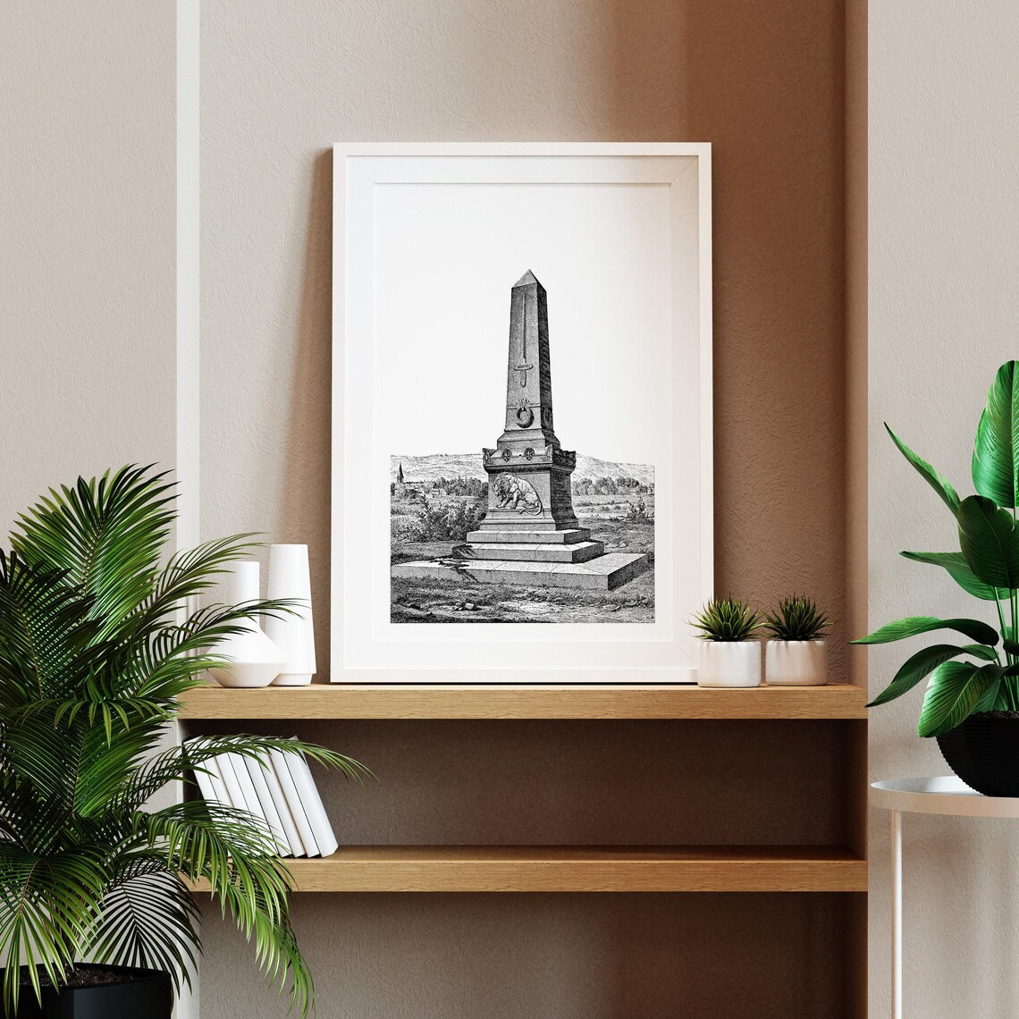 Obelisk War Memorial With Lion Relief 1870 French Engraving Poster - Image 2