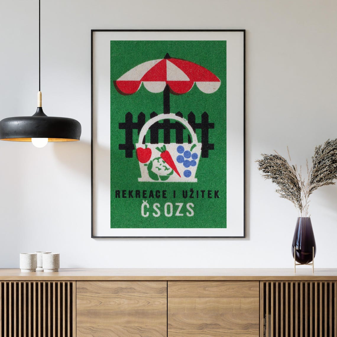 Retro Green Picnic Basket Czech Vintage Matchbox Label Art Poster - Image 4