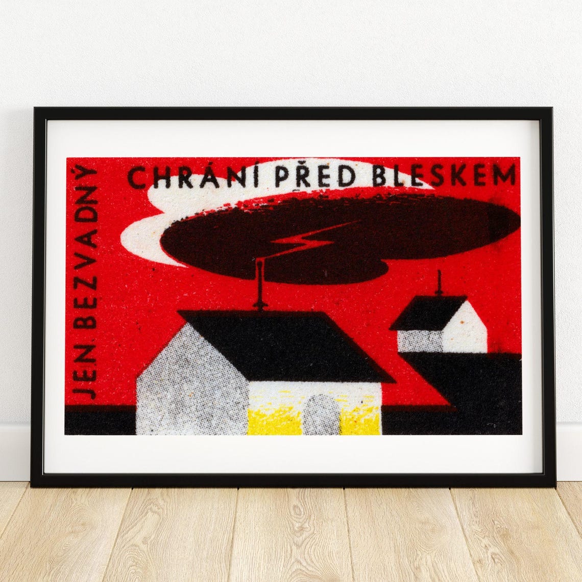 Czech Lightning Rod Storm Safety Village Matchbox Label Poster