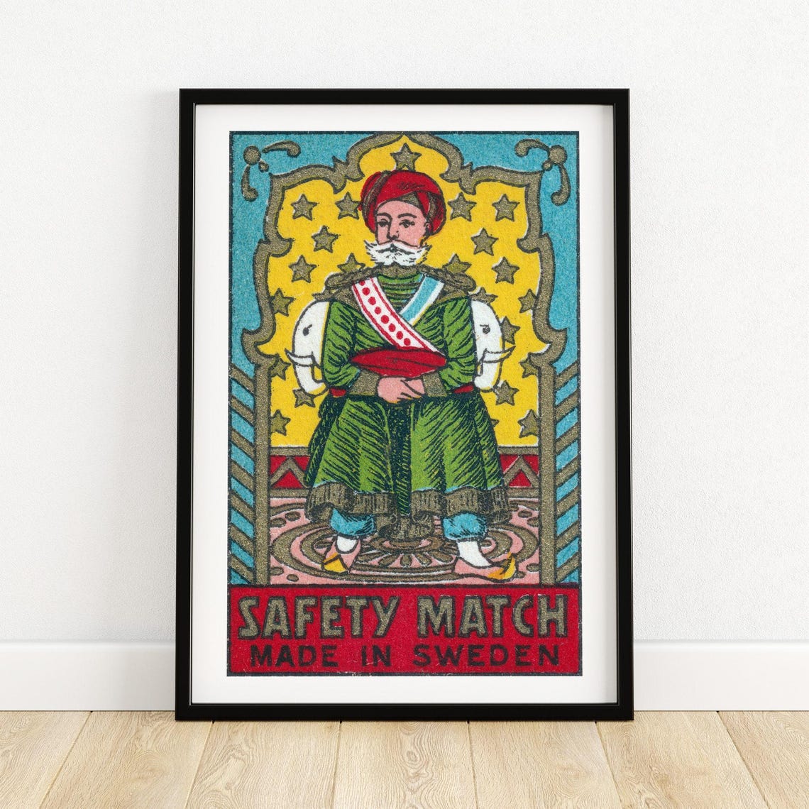 Maharaja Seated on Throne Vintage Swedish Matchbox Label Art Poster