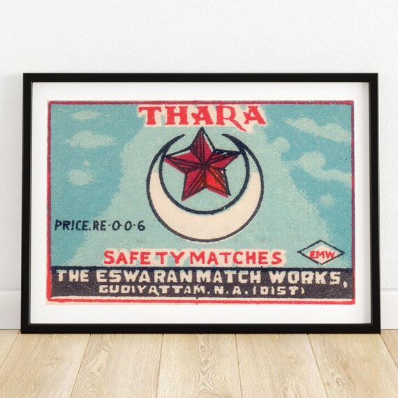 Thara Matchbox Art Print Vintage Safety Matches Design Star And Crescent Illustration Unique Home Decor Collectible Wall Art A4