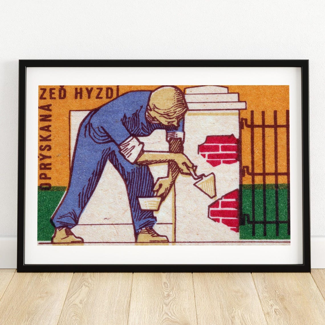 Brick Worker Plastering Wall Retro Czech Matchbox Label Art Poster