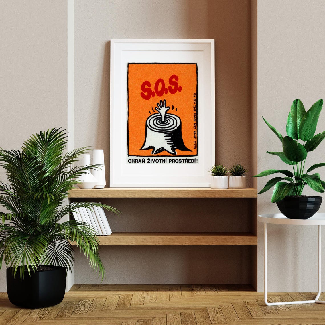 SOS Tree Stump Vintage Czech Environmental Matchbox Label Poster - Image 2