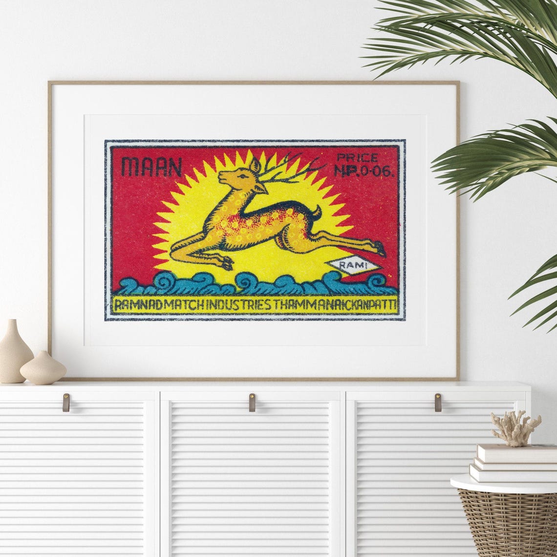 Maan Leaping Deer Sunburst Vintage Indian Matchbox Art Poster - Image 2