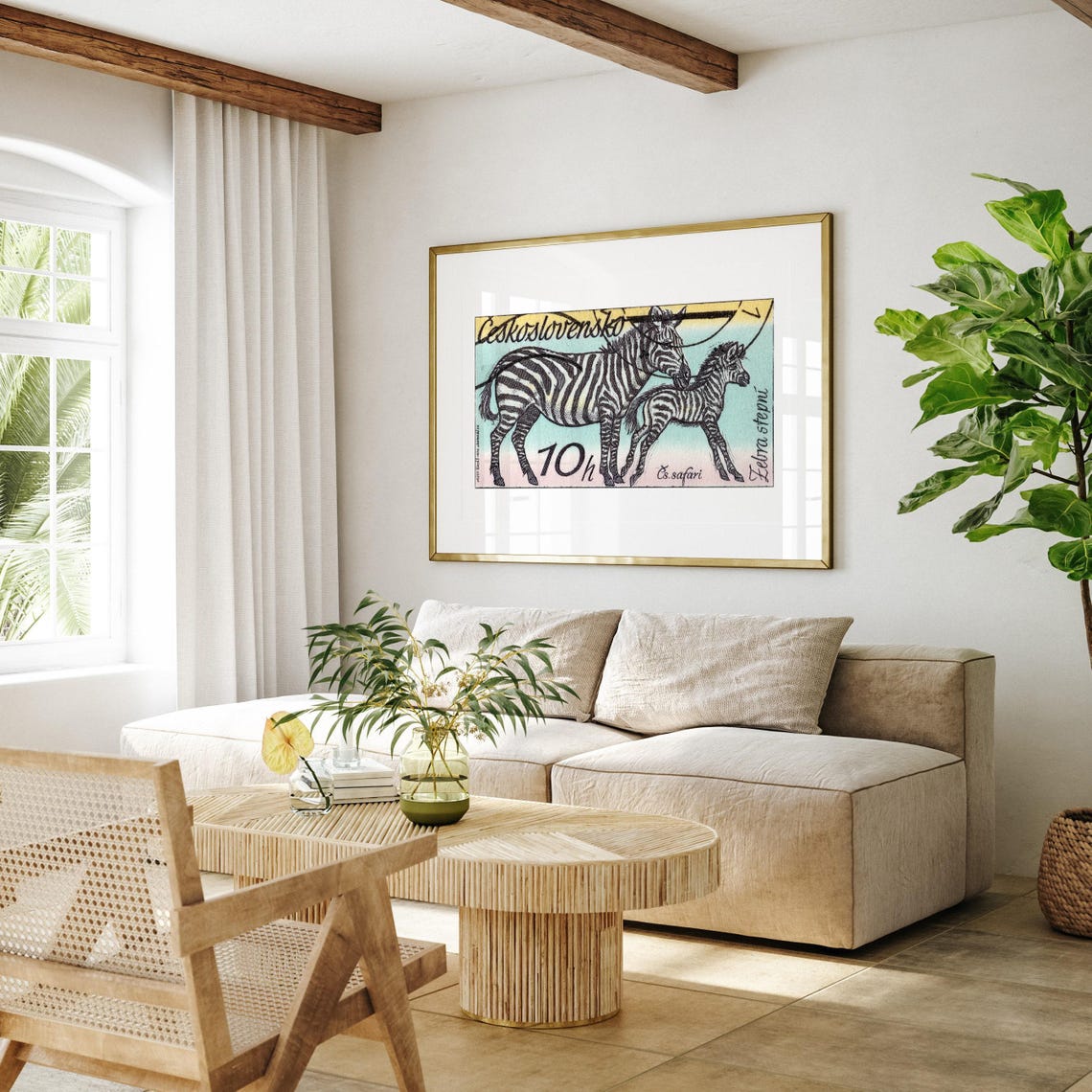 Czechoslovakia Zebra Stepni Safari Mother Foal Stamp Art Poster - Image 4