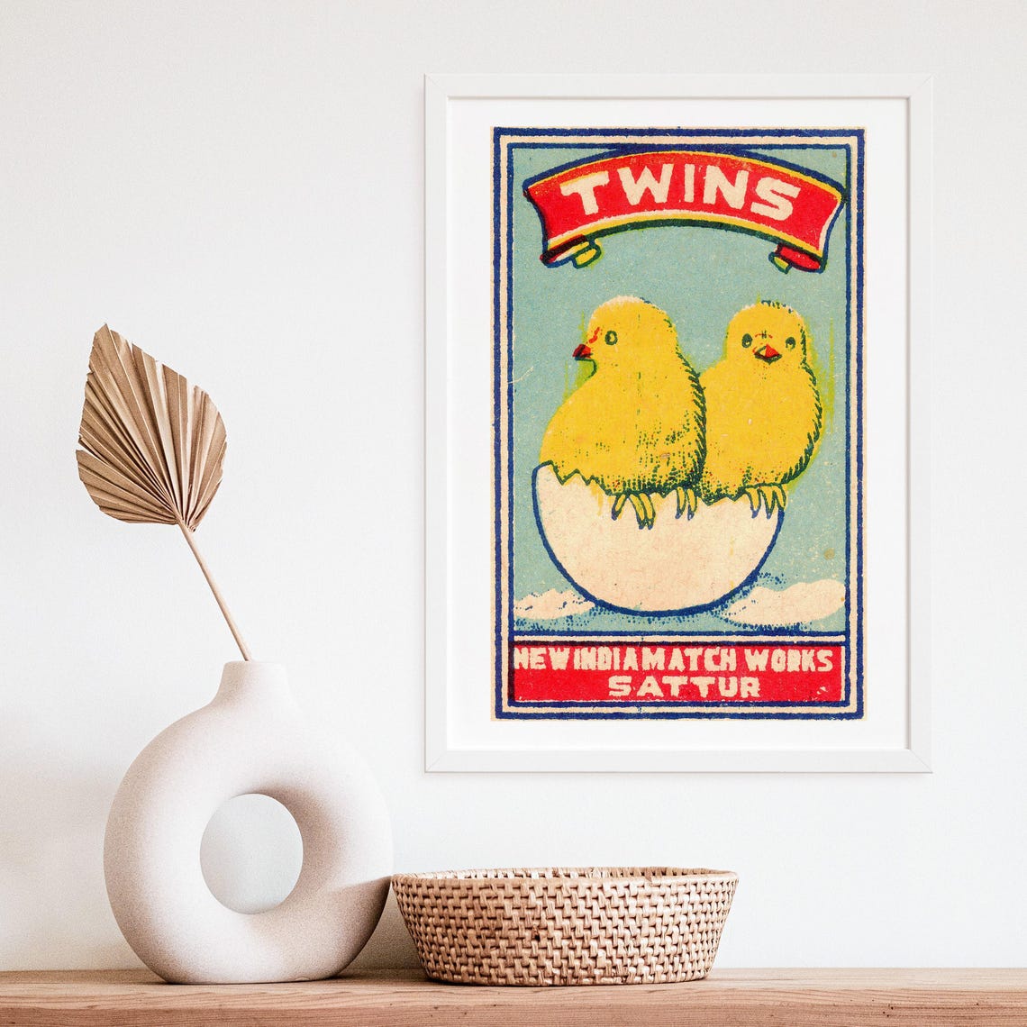 Twins Two Chicks Hatching Egg Indian Matchbox Label Vintage Art Poster - Image 4