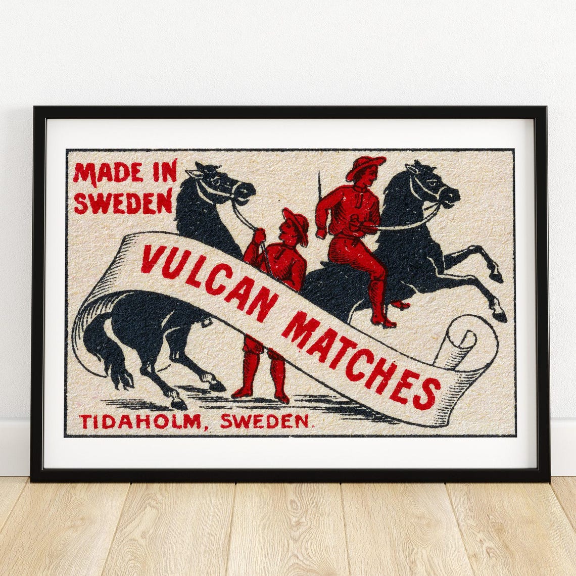 Vulcan Matches Horse Riders Swedish Vintage Matchbox Art Poster
