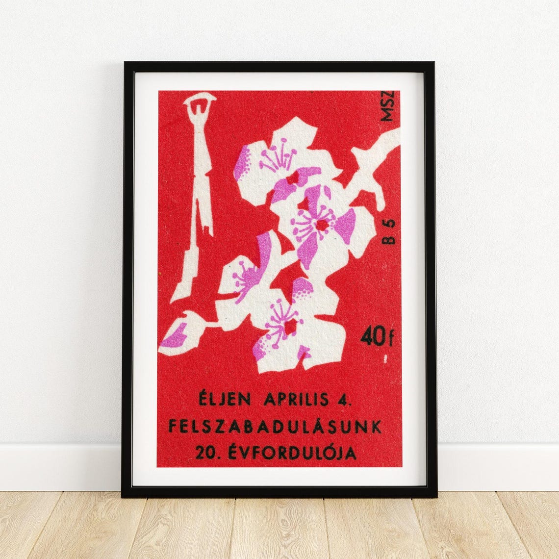 Hungarian April 4 Liberation Anniversary Blossom Matchbox Label Poster
