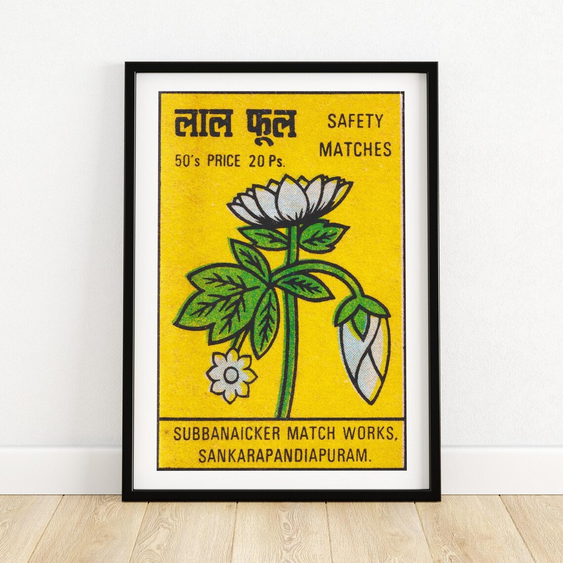 White Flowers Matchbox Print, Vintage India Poster