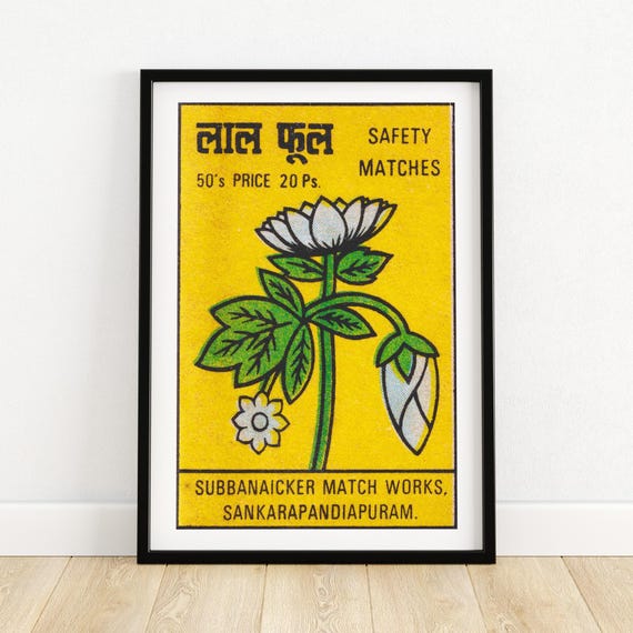 White Flowers Matchbox Print, Vintage India Poster