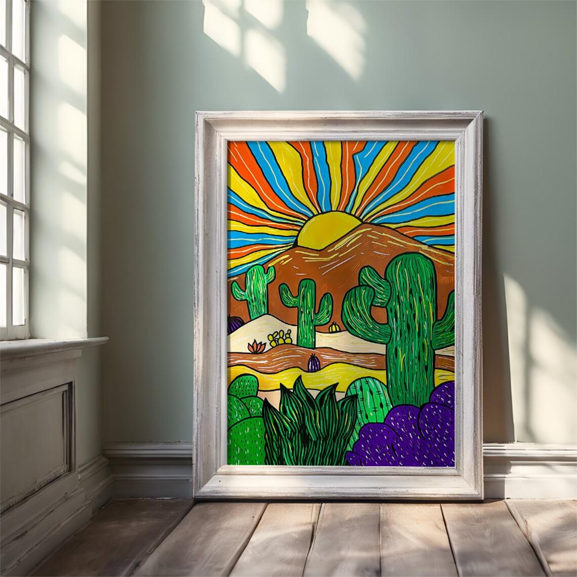 Colorful Desert Landscape With Cactus and Sun Modern Art Poster - Image 3