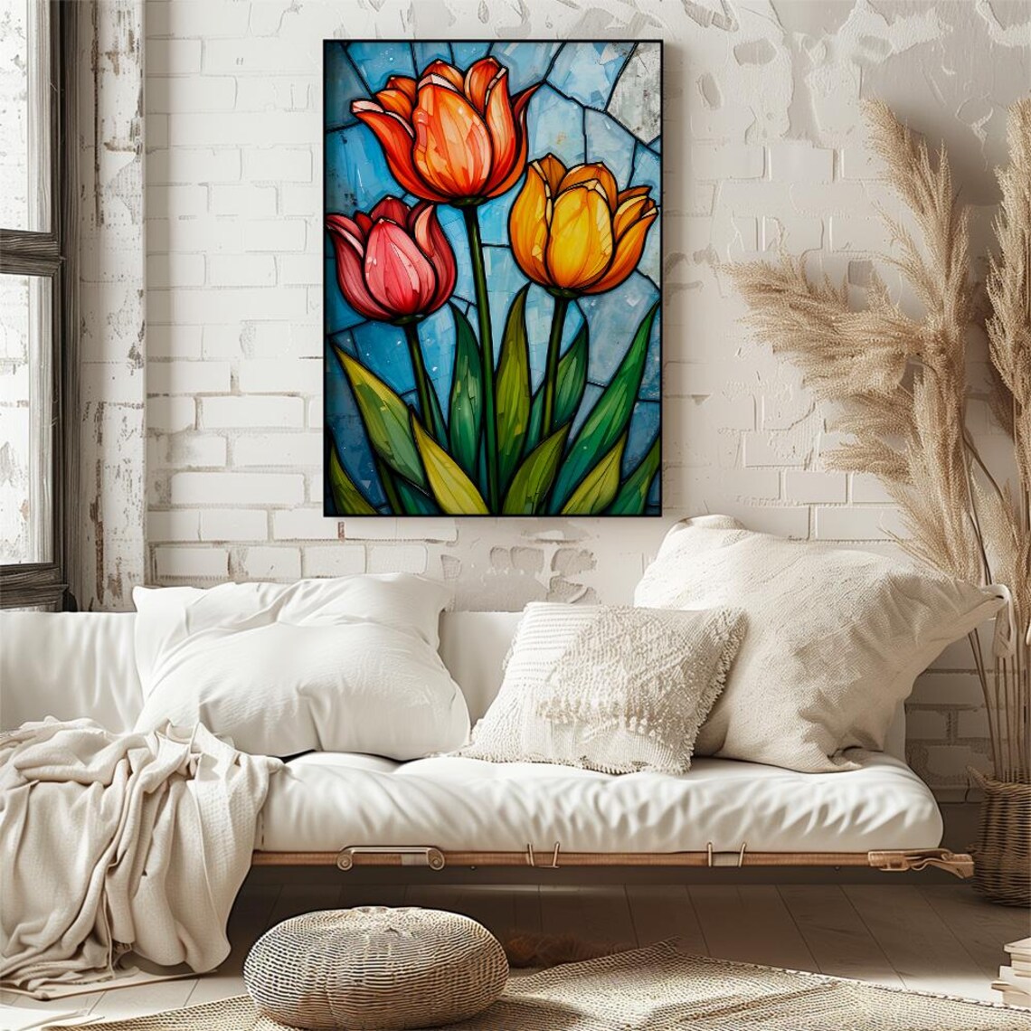 Stained Glass Tulips in Red Orange and Yellow Floral Art Poster - Image 2