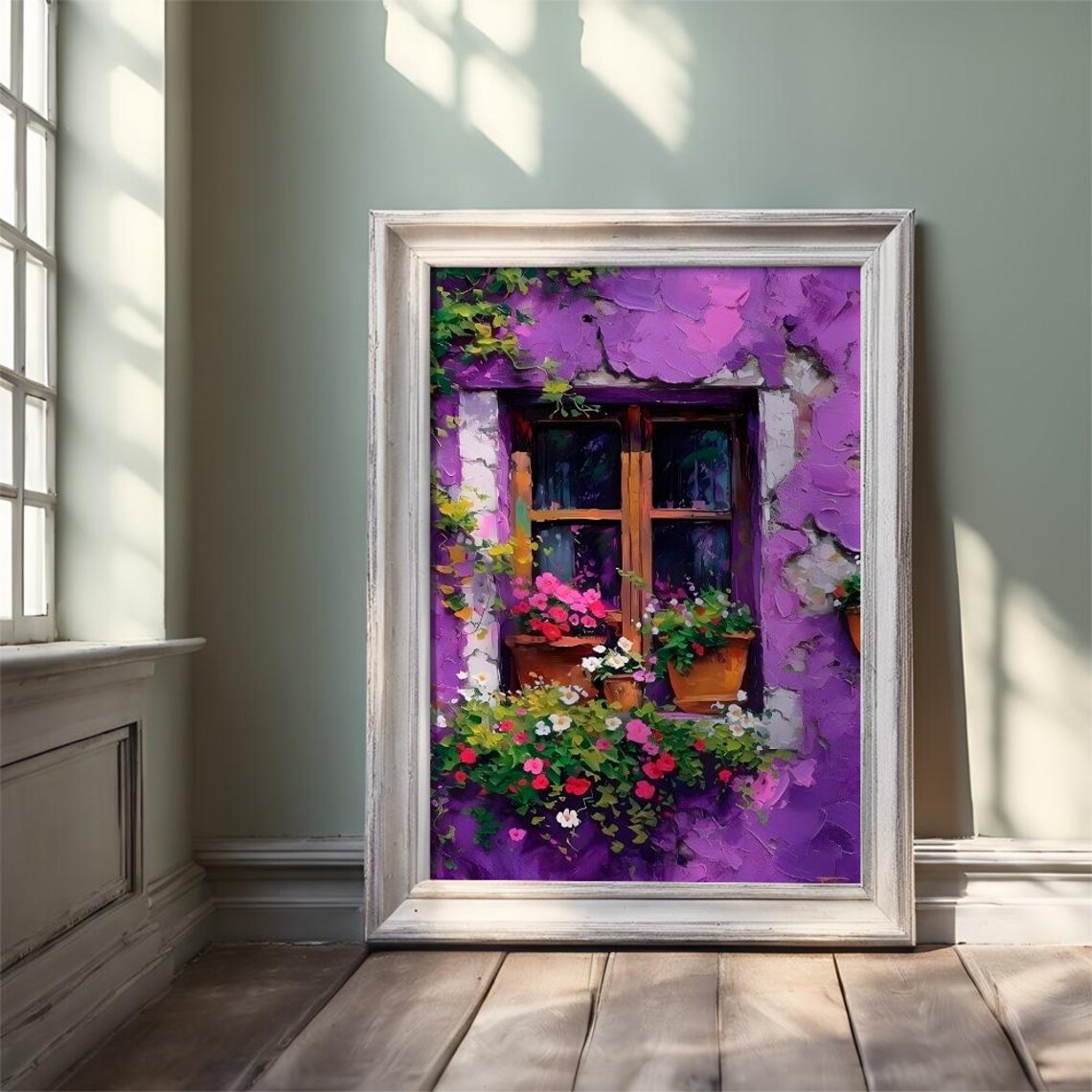 Purple Stucco Window With Flower Pots Colorful Mediterranean Poster - Image 3