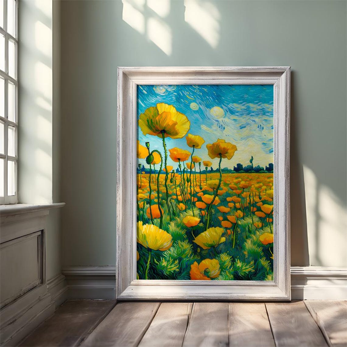 Yellow Poppy Field under Starry Sky Impressionist Art Poster - Image 3