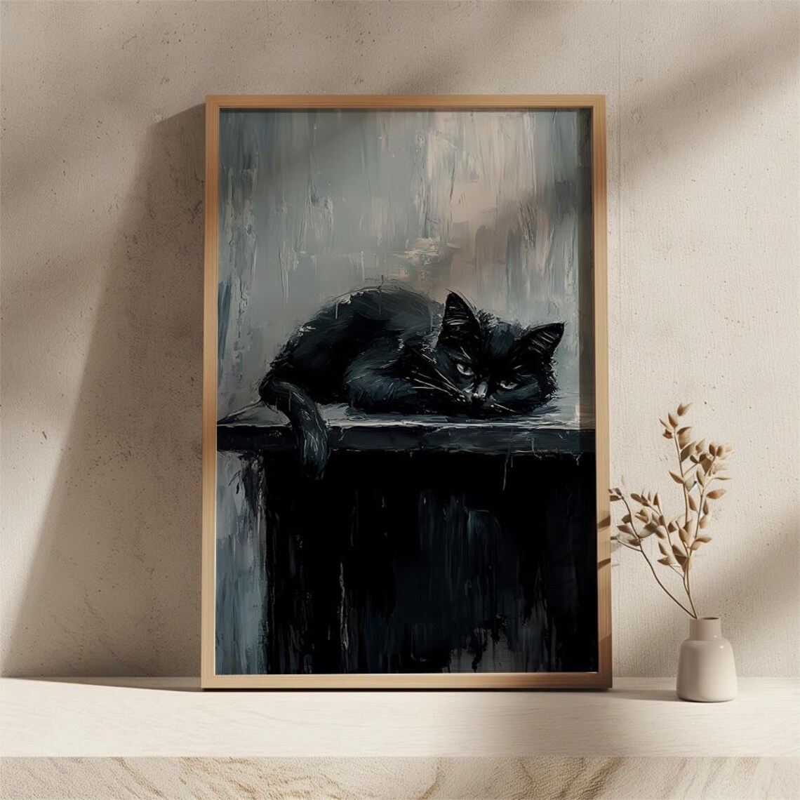 Sleeping Black Cat on Wooden Table Moody Oil Painting Poster - Image 3