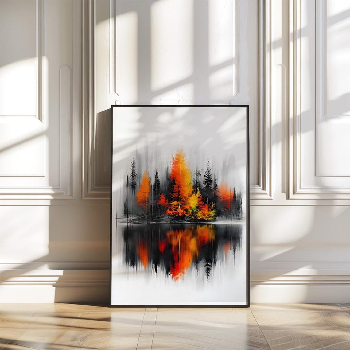 Autumn Forest Reflection in Still Lake Ink Style Nature Poster - Image 3