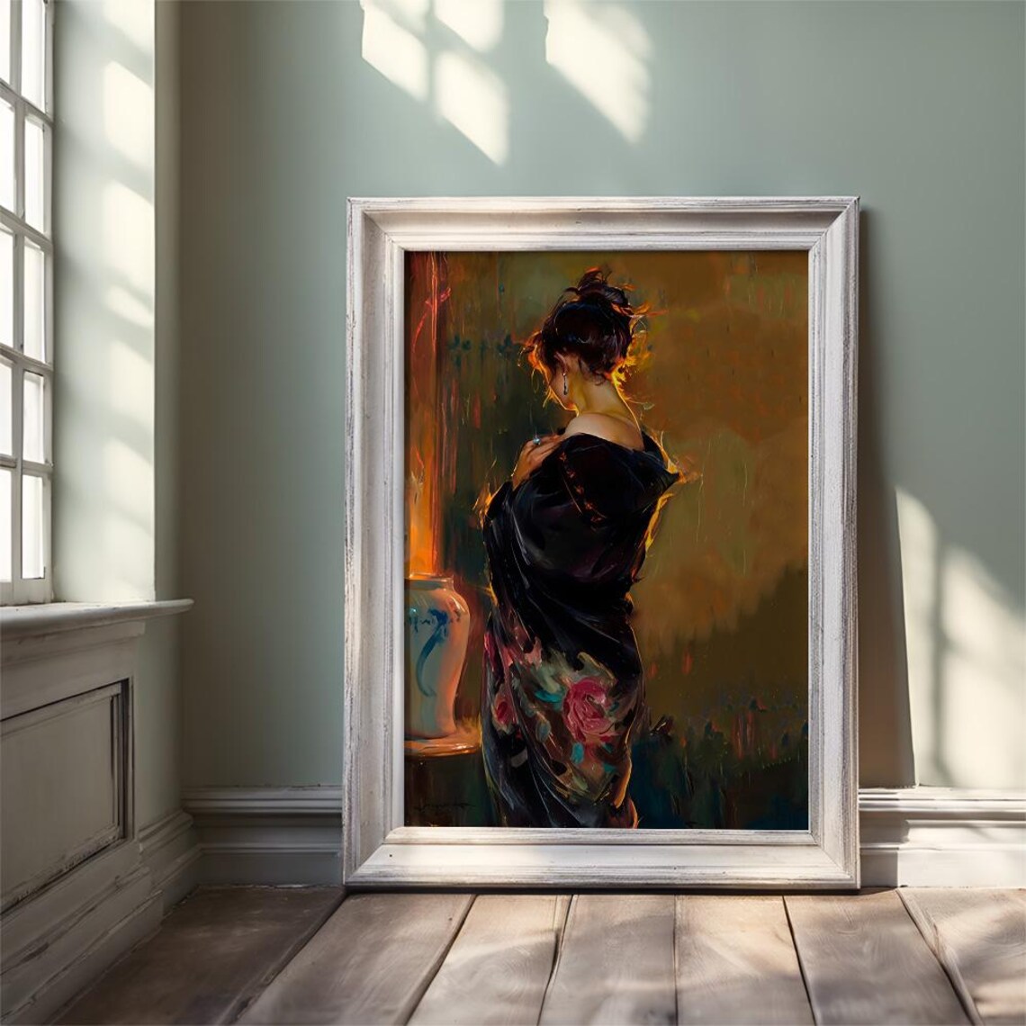 Woman in Black Dress With Floral Kimono Vintage Style Poster - Image 3