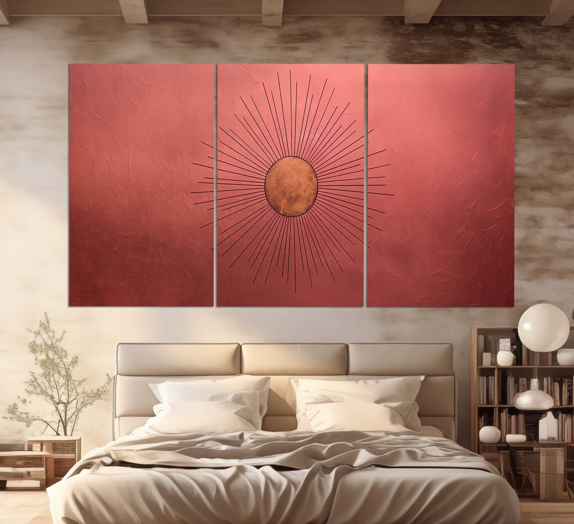 Minimalist Sunburst Line Art Coral Terracotta Modern Boho Poster