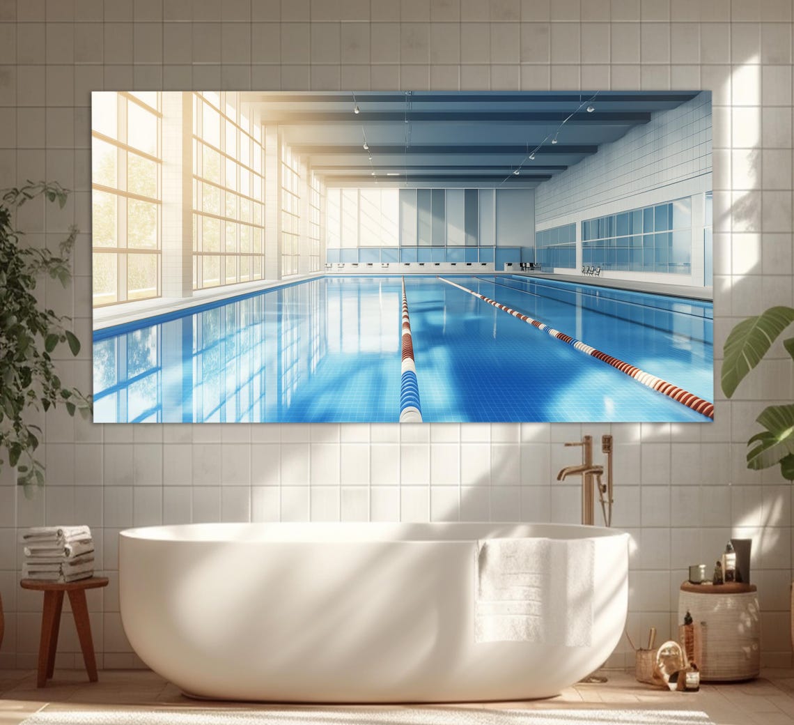Indoor Swimming Pool Empty Lanes Sunlight Minimalist Blue Print Poster - Image 3