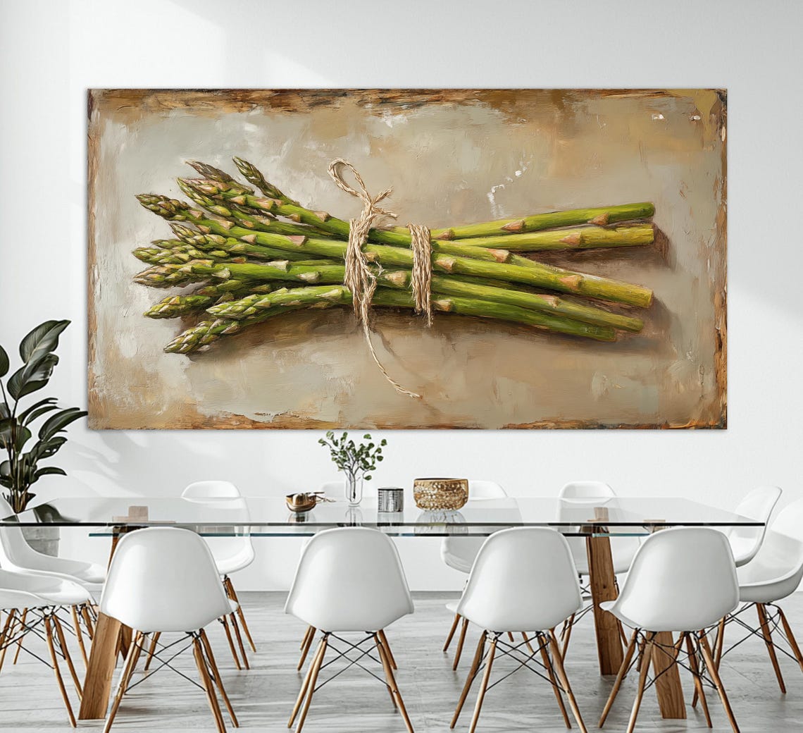 Asparagus Bunch Tied With Twine On Beige Vintage Kitchen Wall Art