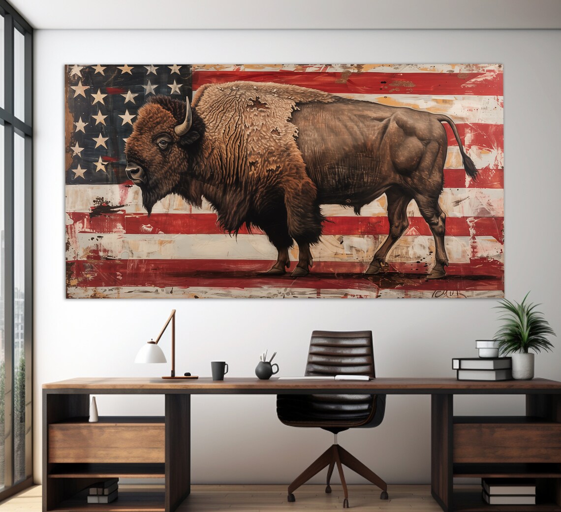 American Bison on Vintage US Flag Western Patriotic Art Poster - Image 3