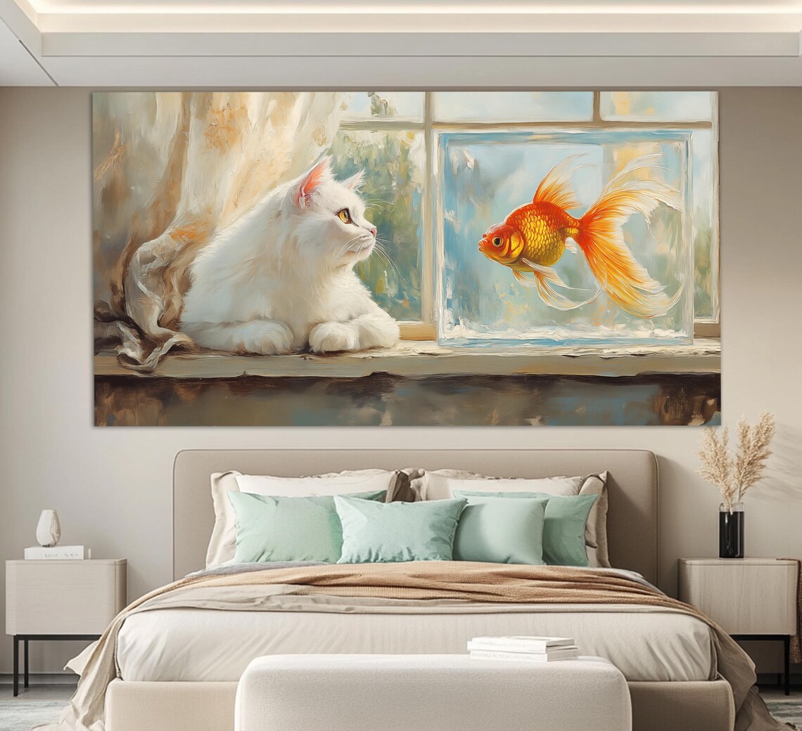White Cat Watching Goldfish Aquarium Window Soft Oil Painting Style Poster - Image 4