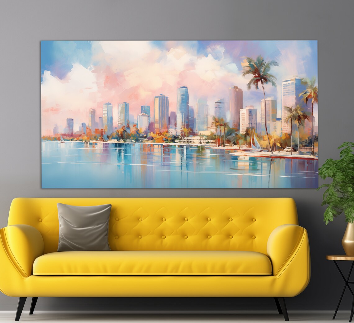 Miami Skyline Palms Pastel Watercolor Beach City Travel Poster