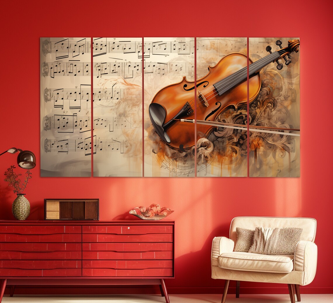 Vintage Violin And Bow On Sheet Music Notes Sepia Oil Painting Wall Art - Image 5