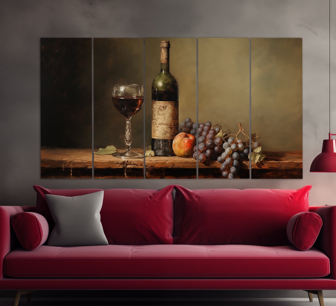 Red Wine Bottle Glass Grapes Peach Rustic Still Life Art Poster - Image 2
