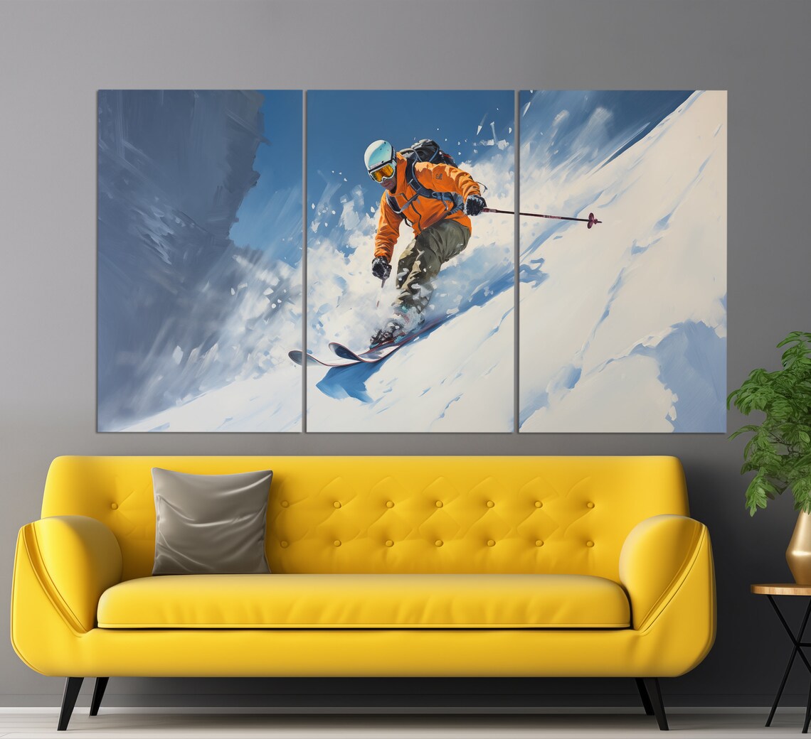 Freeride Skier Powder Slope Orange Jacket Blue Sky Oil Painting Poster - Image 3