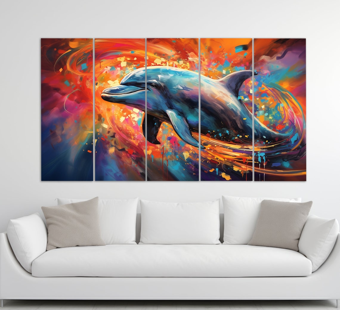Dolphin Leaping Multicolor Abstract Swirl Vibrant Oil Painting Poster - Image 5