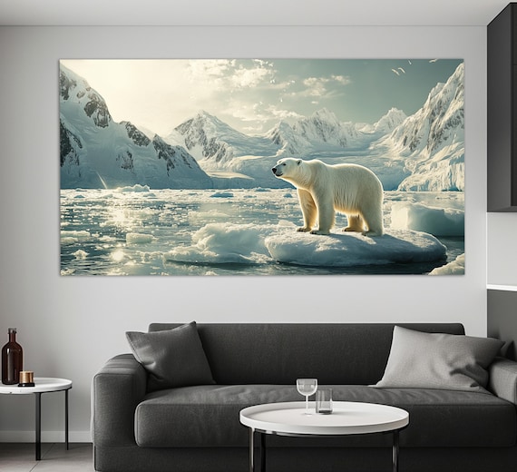 Polar Bear Standing On Ice Floe Arctic Mountain Fjord Scenic Wildlife Poster