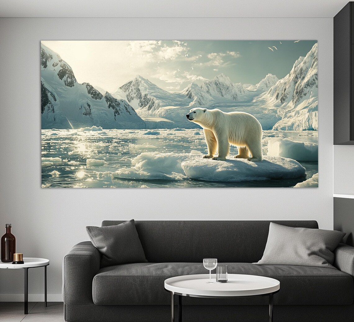 Polar Bear Standing On Ice Floe Arctic Mountain Fjord Scenic Wildlife Poster