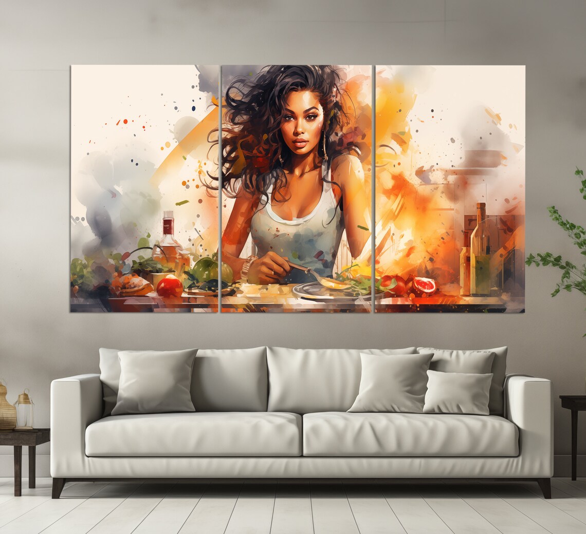 Woman Cooking In Warm Kitchen Watercolor Splashes Of Orange And Gold Print - Image 6