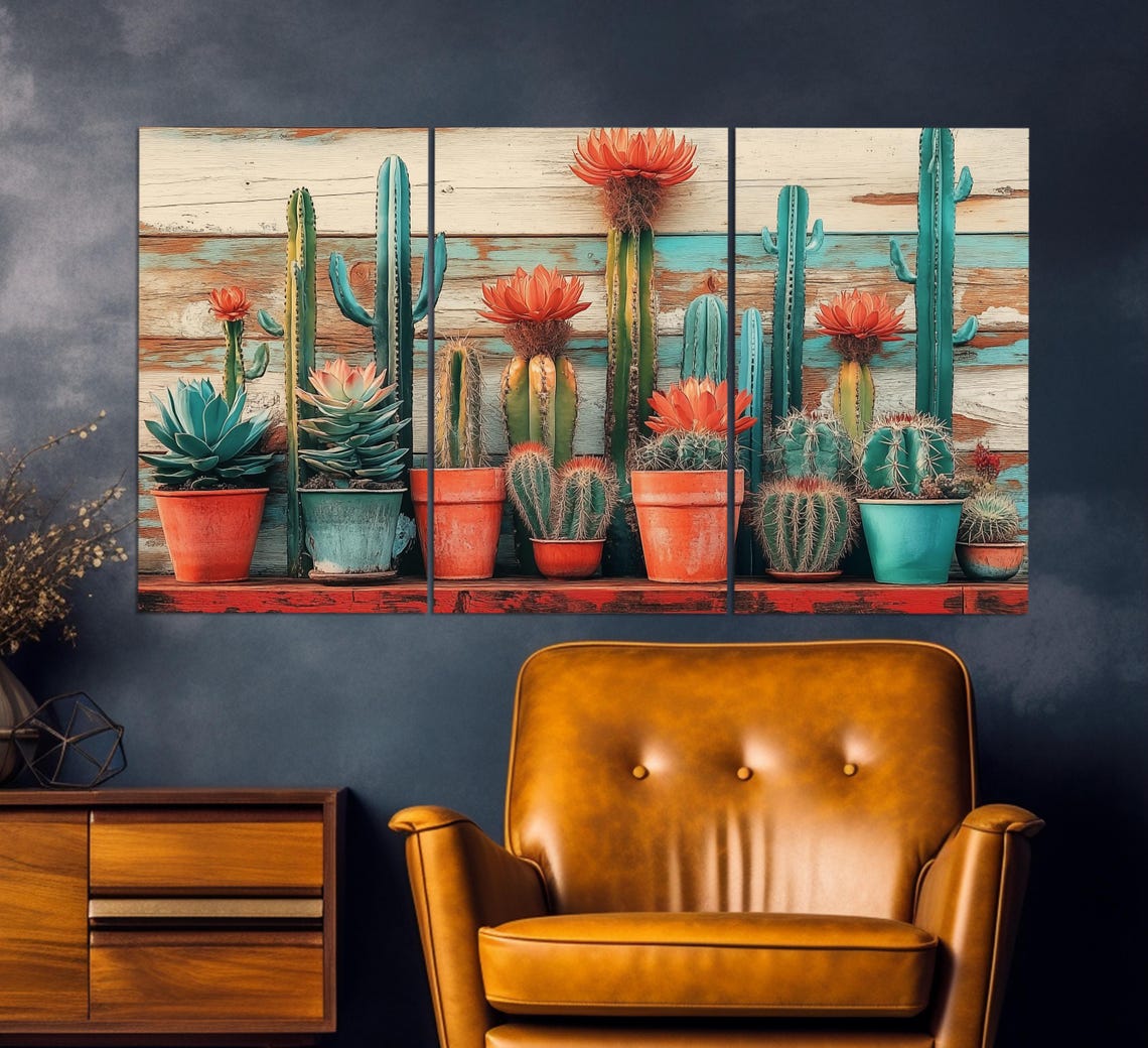 Retro Potted Cacti Red Blooms Wooden Shelf Southwestern Decor Poster - Image 3