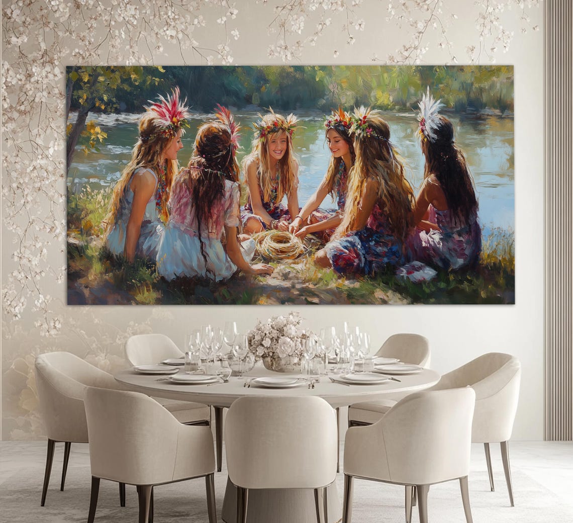 Happy Girls Sitting By The Lake Summer Wall Art Happiness Painting Travel Wall Art Friendship Wall Art Hippie Wall Art - Image 4