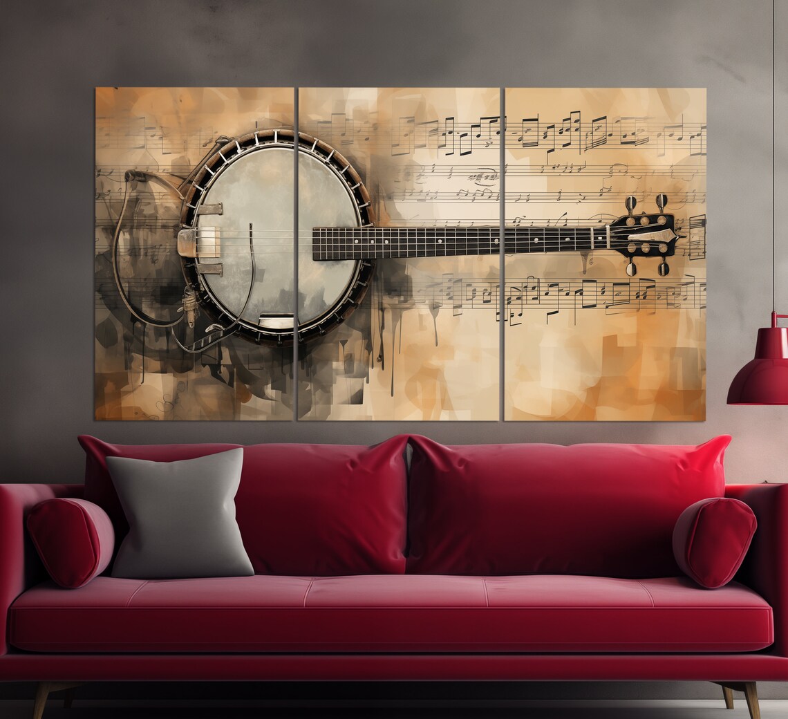 Vintage Banjo On Sheet Music Sepia Oil Painting Musician Gift Wall Art - Image 6
