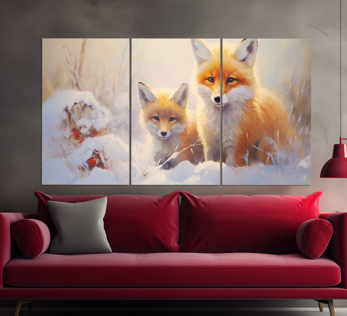 Red Fox With Cub Snowy Winter Forest Oil Painting Style Wildlife Wall Art - Image 2
