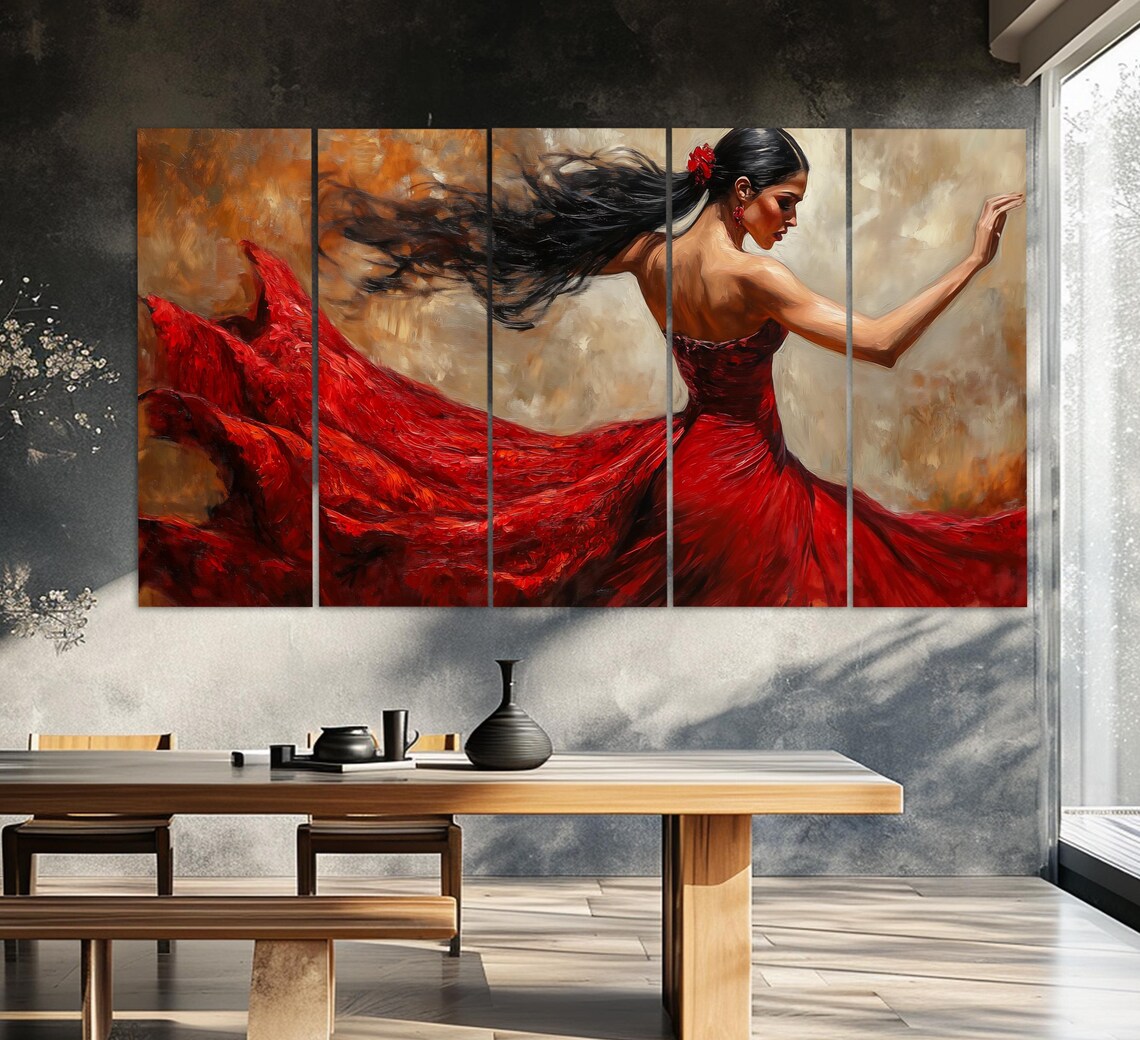 Flamenco Dancer Flowing Red Dress Twirling Motion Oil Painting Style Poster - Image 5