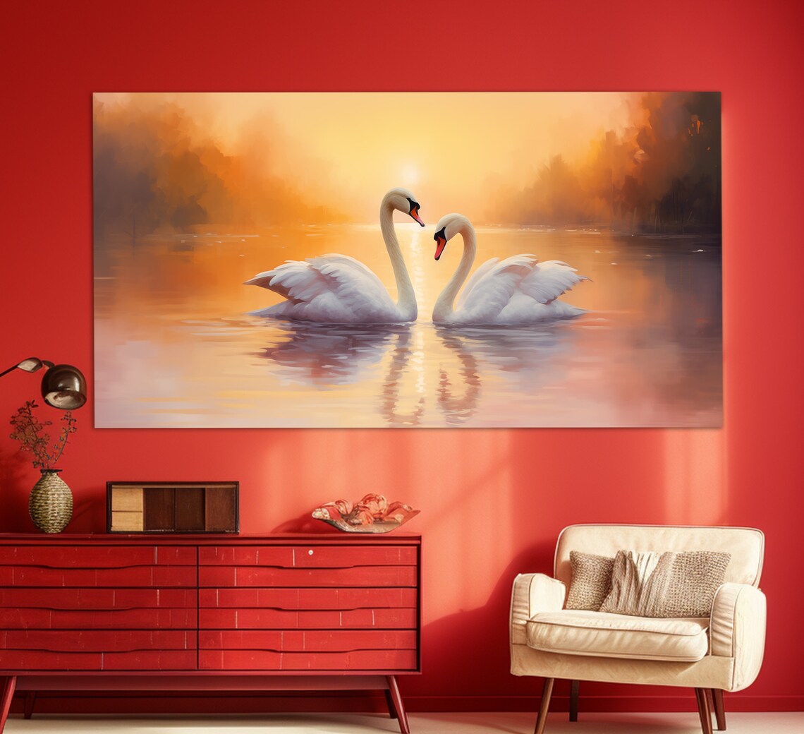 Swans Couple, Vintage Oil-Style Wall Art Print - Image 4