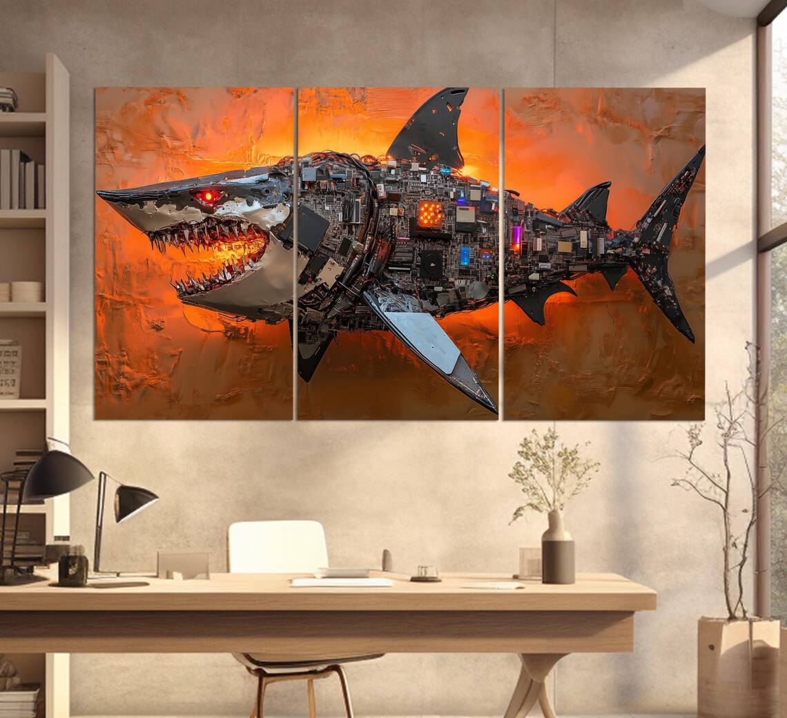 Robotic Shark Microchip Circuit Board Sculpture Fiery Orange Wall Art Poster - Image 6