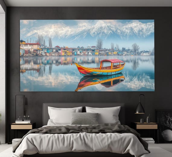 Dal Lake In Srinagar Kashmir Print Eastern Wall Decor Dal Lake Painting Kashmir Wall Art Kashmir Wall Decor Kashmir Painting