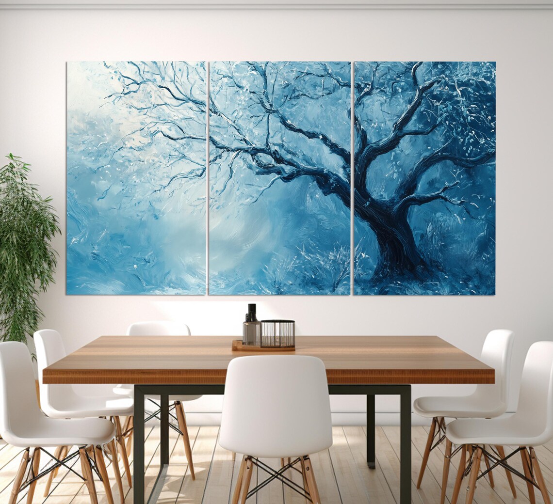 Winter Tree Bare Branches Icy Blue Oil Painting Snowy Nature Poster - Image 3